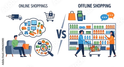 Online vs offline shopping comparison e-commerce retail concept digital purchase store experience consumer behaviour vector illustration business concept design.