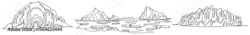 Arctic icebergs and glacier landscapes in continuous line art style