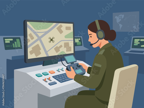 Drone Operator in Military Control Room.