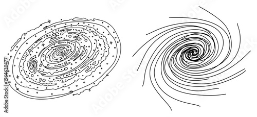 Spiral galaxy and cosmic space vortex in minimalist continuous line art style