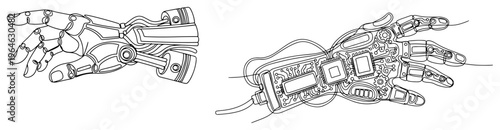 Continuous line drawing of robotic hands with mechanical parts and electronic circuits