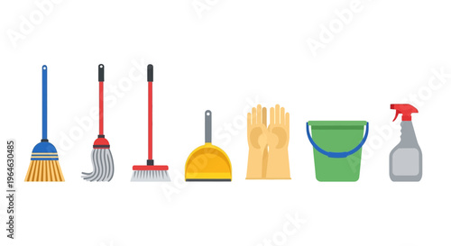 Collection of cleaning supplies including broom, mop, dustpan, gloves, bucket, and spray bottle for household chores and tidiness