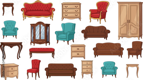 Flat vector illustration collection of vintage classic furniture including ornate sofas, velvet armchairs, antique wardrobes, wooden chest of drawers, and decorative side tables.