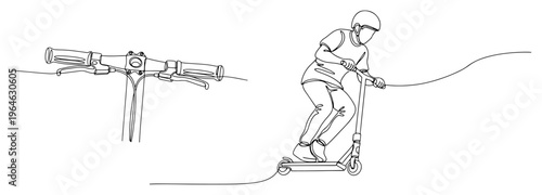 Young boy riding a kick scooter and handlebar detail in continuous line art style