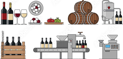 Flat vector illustration collection of wine production process featuring wine bottles, glasses, wooden barrels, conveyor belt bottling line, industrial fermentation tanks, and grapes.