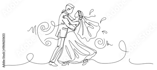 Romantic wedding couple dancing first dance as bride and groom in continuous line art style