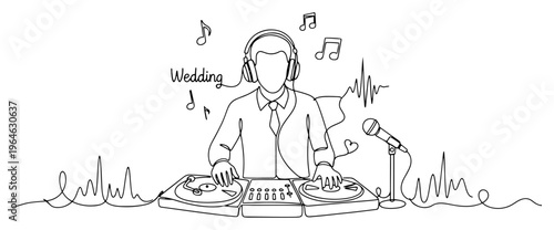 Professional wedding DJ mixing music with headphones and turntables in continuous line art style