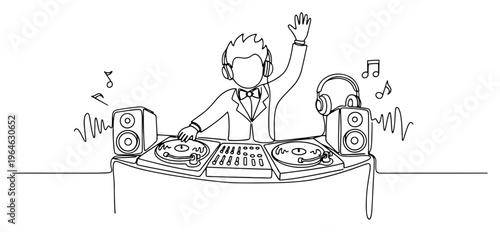 Continuous line drawing of a DJ playing music with headphones and turntables