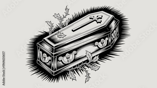 An ornate coffin with floral accents a somber illustration in black and white