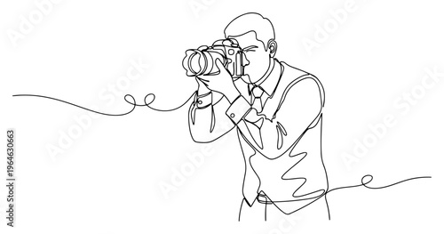 Minimalist continuous line drawing of a photographer shooting with a professional camera