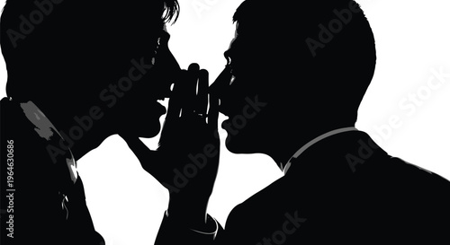 Two business people in silhouette whispering a secret message into another's ear, a vector illustration.