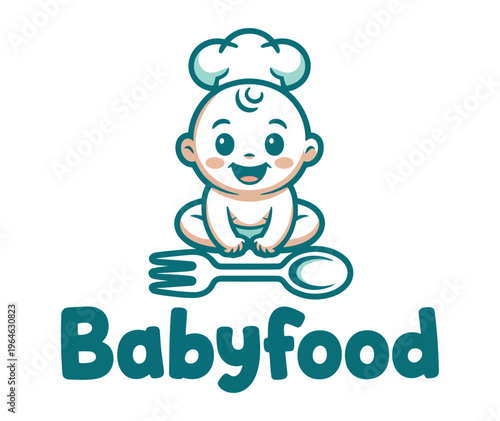 Cheerful baby wearing a chef hat sits above a large fork and spoon suggesting infant culinary delights and pureed food.