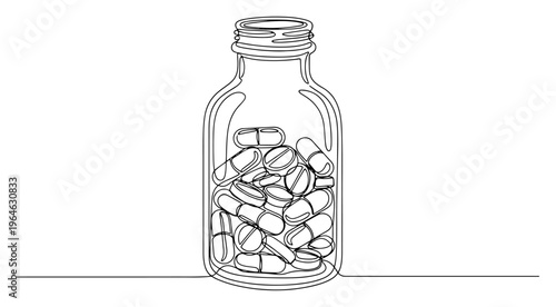 Glass medicine bottle filled with antibiotic capsules in continuous line drawing style