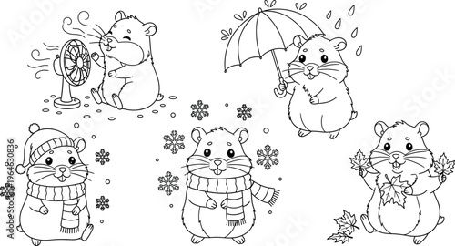 Cute hamster seasonal vector set with summer fan, rain umbrella, winter snow and autumn leaves, cartoon outline illustration collection