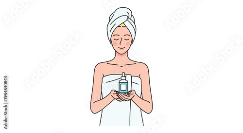 Woman in towel holding skincare bottle in minimalist line art for beauty advertising