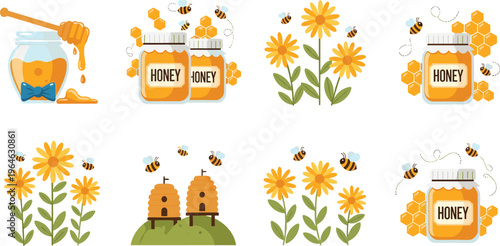 Flat vector illustration set of organic honey products featuring jars with labels, beehives on hills, flying bees, honeycomb cells, and yellow sunflowers.