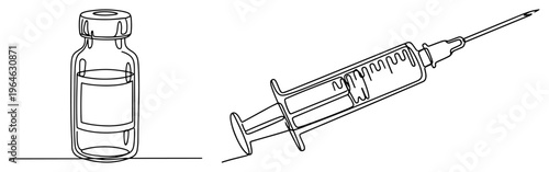 Continuous line drawing of a vaccine vial and medical syringe for injection
