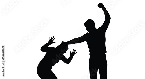 Silhouette graphic illustration depicting a violent man physically threatening a vulnerable woman in distress