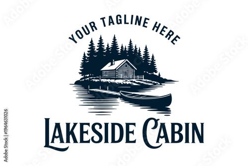 A serene lakeside cabin logo with a canoe and trees on a white background