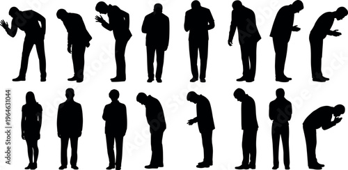 Business people silhouettes in bowing and bending poses isolated on white background, respectful gestures collection for corporate etiquette and presentation design use