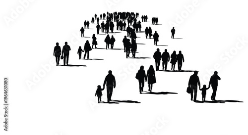Vector graphic illustration of diverse people silhouettes walking together, representing urban life and population dynamics.