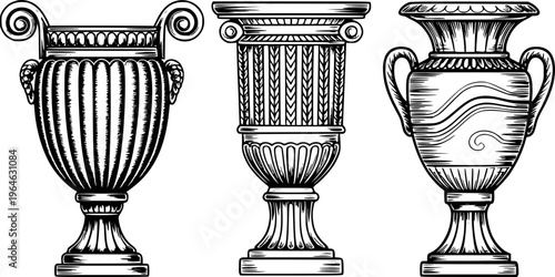 Antique black and white classical Greek Roman urns and column pedestals with ornate detailing