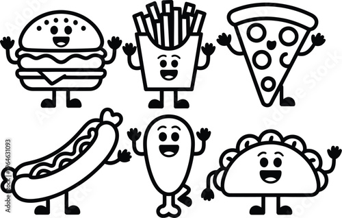 A cartoon fast food illustration with happy characters on yellow background