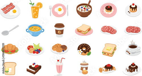 Large flat vector illustration collection of breakfast and cafe food items including fried eggs, pancakes, sandwiches, donuts, croissants, coffee, milkshakes, and desserts.