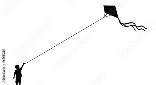 Minimalist vector illustration of a child's silhouette flying a black kite with a long string.