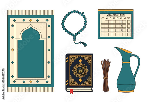 Set of Islamic Religious Items including Quran, Prayer Mat, Tasbih, Miswak, and Water Jug for Ramadan and Daily Worship Vector Illustration