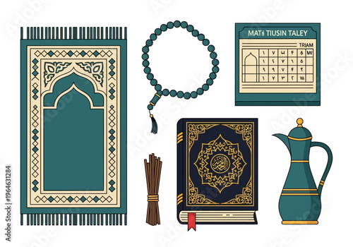 Islamic Religious Elements Set with Holy Quran, Prayer Mat, Tasbih, and Traditional Ritual Items