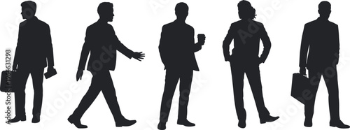 Businessmen silhouettes walking and standing with briefcase and coffee isolated on white background, corporate professionals collection for office design use