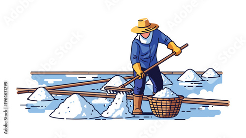 Salt Harvest: A farmer in a straw hat meticulously rakes the salt in a field, a testament to the time-honored tradition and labor-intensive process of harvesting this precious mineral.