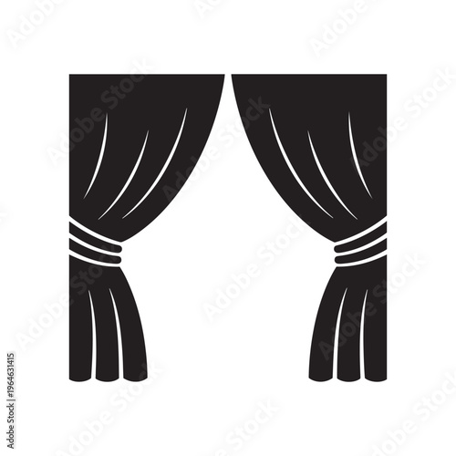 Black silhouette of stage curtains opening, signifying theatre, performance, reveal, or presentation