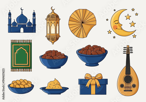 Islamic Ramadan and Eid Celebration Element Set with Mosque, Lantern, Dates, and Traditional Oud Illustration