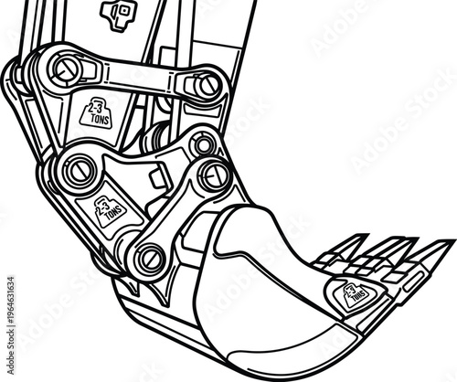 Detailed Excavator Bucket and Linkage Vector Illustration Isolated on White Background for Heavy Machinery Construction Industrial Design Engineering and Technical Projects