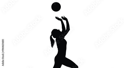 Vector graphic silhouette illustration of a female athlete setting a volleyball high above her outstretched hands