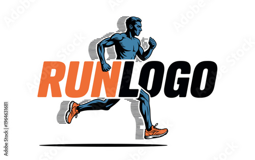 Muscular runner figure intersects with bold, stylized text reading RUNLOGO designed for athletic branding and sports apparel promotion on a white background.