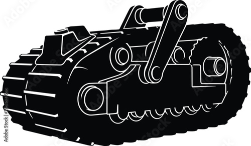 Black And White Vector Silhouette Of Heavy Duty Crawler Undercarriage Chassis System With Realistic Rubber Tracks For Industrial Construction Machinery Equipment