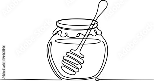 Continuous line of a glass jar filled with honey and a honey dipper food sweet