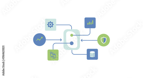 Abstract API Data Integration Flow Diagram. Business Process Architecture Connecting Analytics, Security, Storage, Configuration, and Optimization Icons.