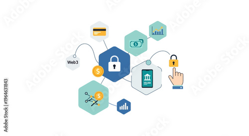 Decentralized Web3 Financial Security Ecosystem. Digital Banking, Mobile Payment Protection, Cryptocurrency Investment, and Blockchain Technology Illustration.