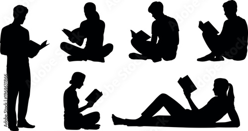 People silhouettes reading books in sitting and lying poses isolated on white background, education and leisure activity collection for design use