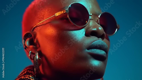 Captivating Portrait of a Confident Dark-Skinned Woman Showcasing Style and Expression Amidst Vibrant Colors and Modern Fashion