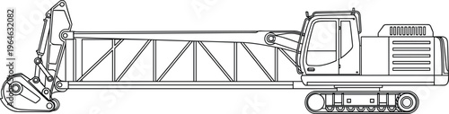 Heavy duty long reach excavator technical flat vector outline illustration on white background for industrial construction engineering machinery design and coloring projects.