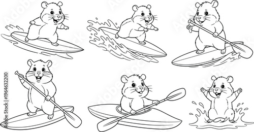 Cute hamster service profession set with tailor, sewing machine, waiter, chef, cashier, and business cartoon illustrations
