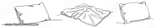 Minimalist one line drawing of two pillows and a rumpled blanket on a white background