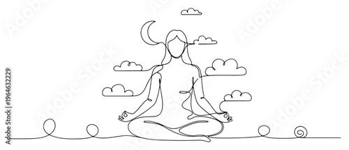 Continuous one line drawing of a woman meditating in lotus pose with moon and clouds