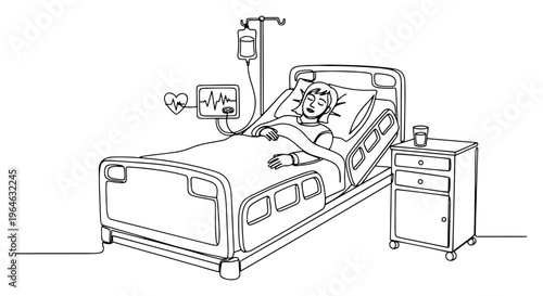 Minimalist one line drawing of a sick patient lying in a hospital bed with medical monitor
