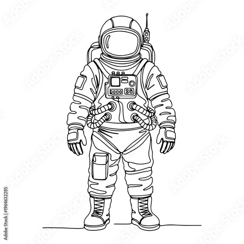 Detailed line art illustration of an astronaut standing in full space suit gear